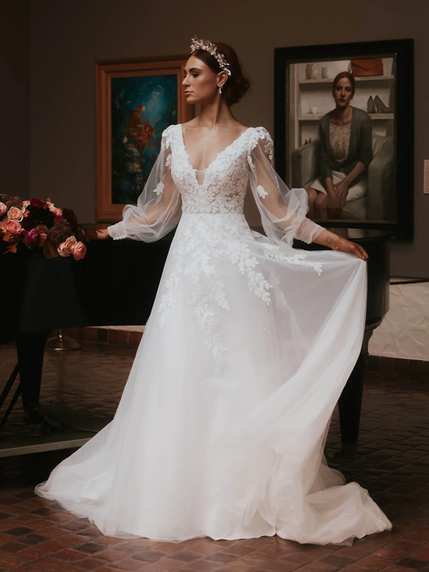 Maggie Sottero Alexandria front view with lace bodice and bishop sleeves.