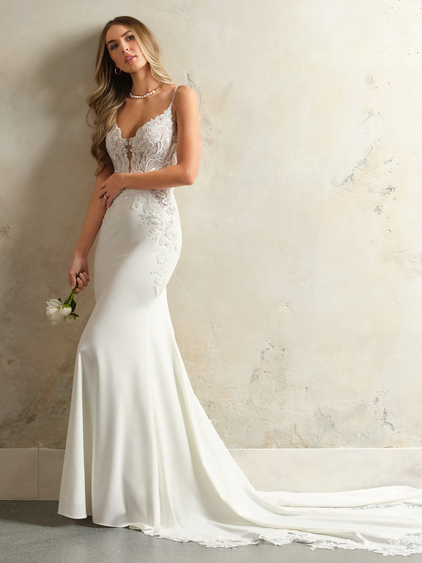 Maggie Sottero Anastasia front view stretch crepe beaded bridal gown