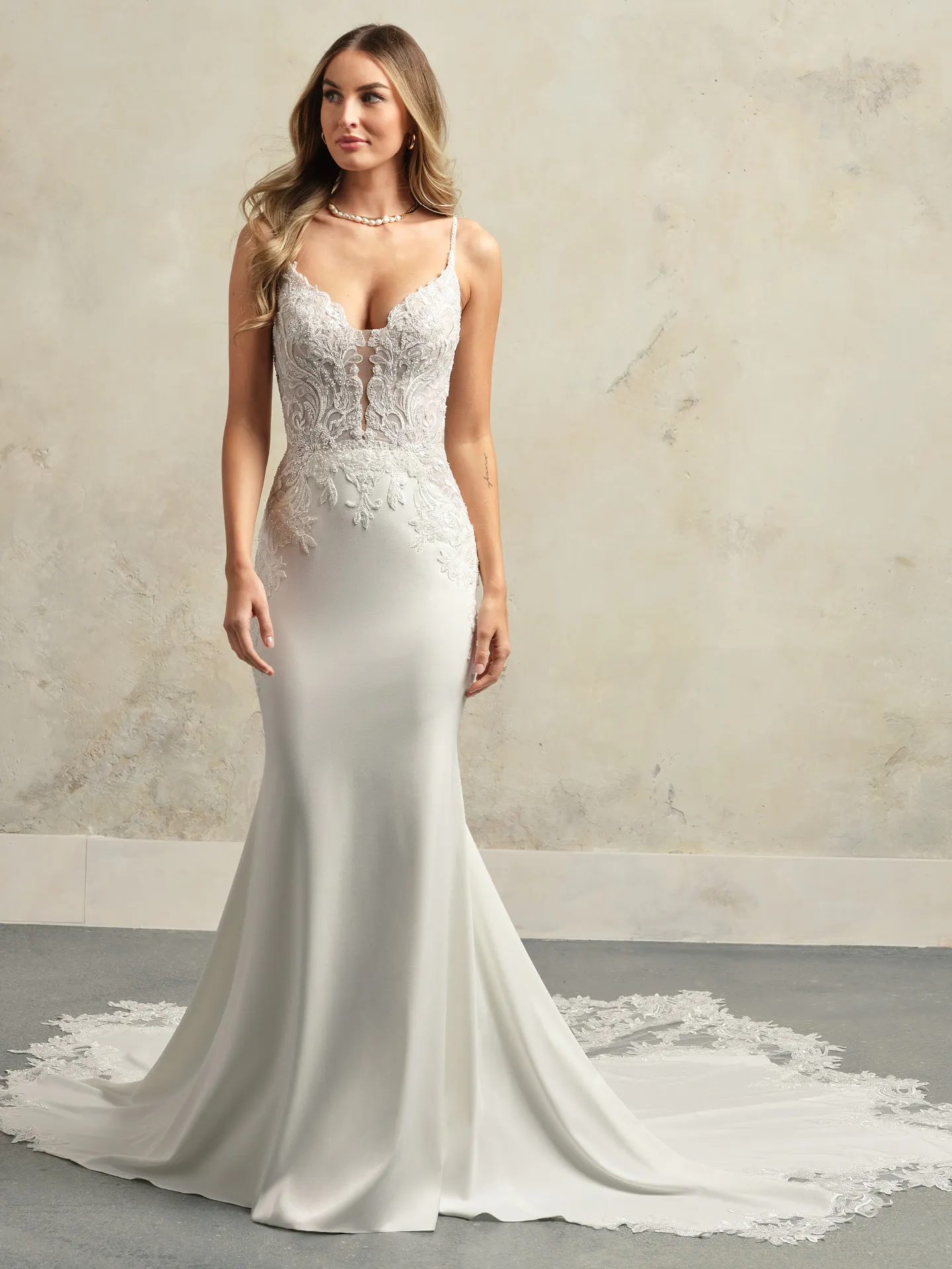 Maggie Sottero Anastasia front view, lace bodice, crepe skirt, bridal gown