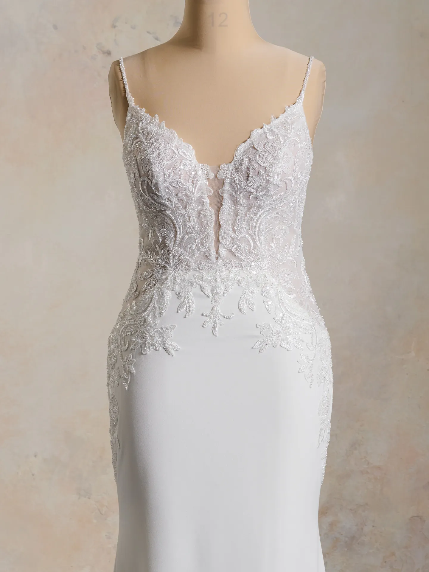 Maggie Sottero Anastasia front view, lace bodice, stretch crepe bridal gown