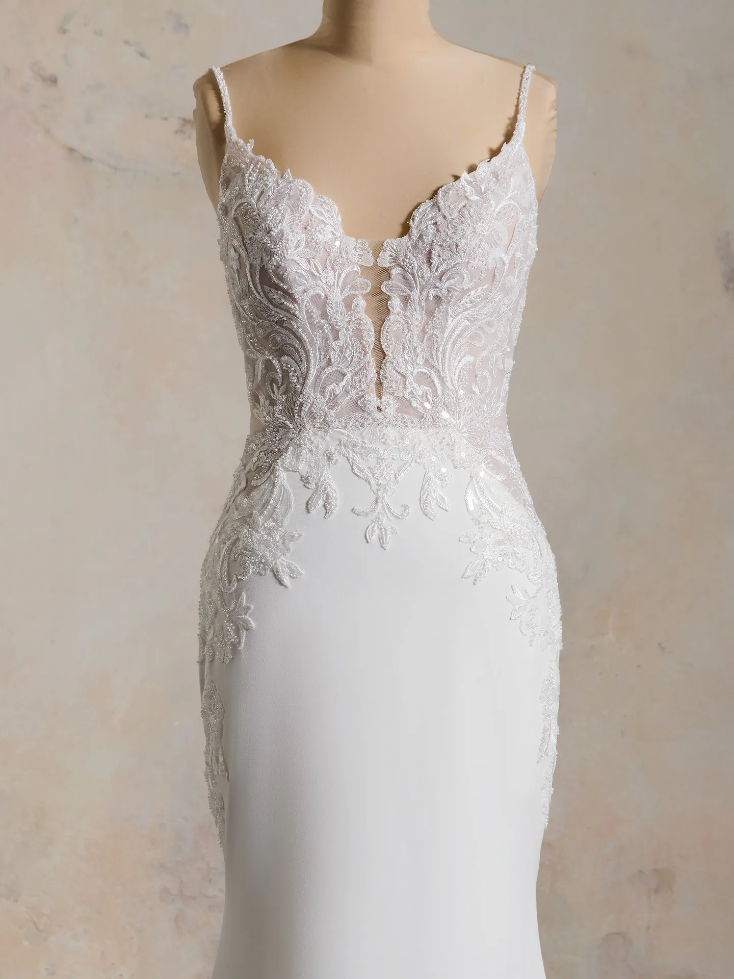Maggie Sottero Anastasia front view stretch crepe beaded bridal gown.