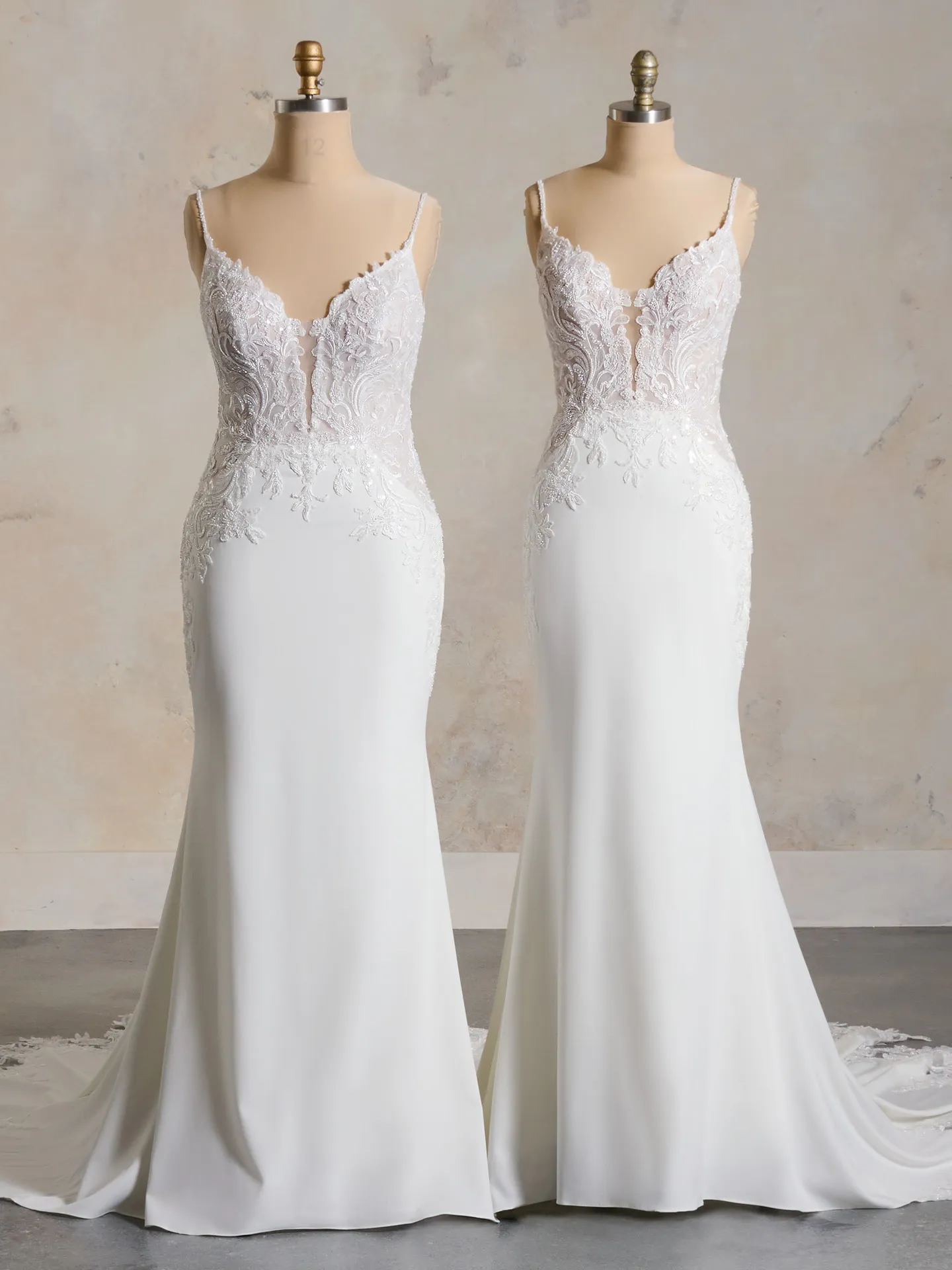 Maggie Sottero Anastasia crepe beaded gown front view on mannequins.