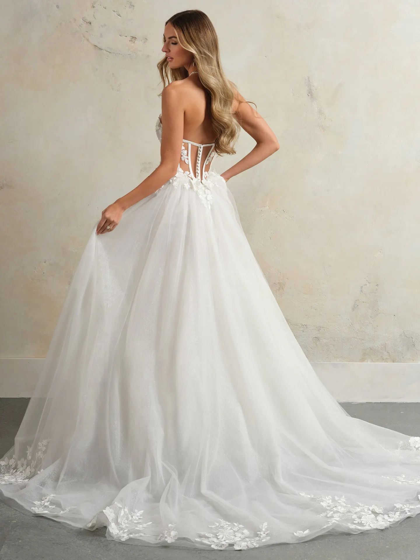 Maggie Sottero Angelette flowy lace wedding dress back view