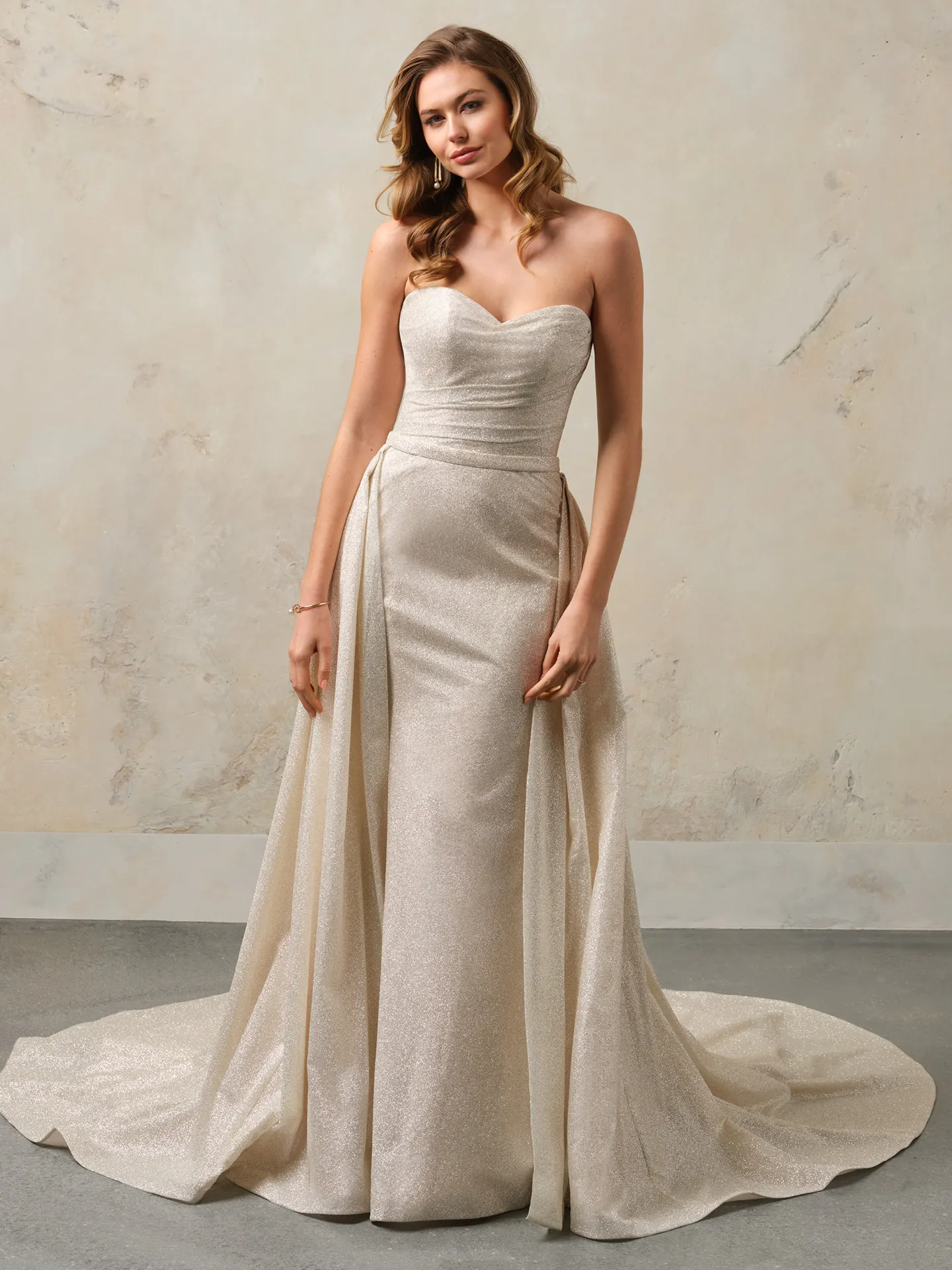 Rebecca Ingram Anniston front view glitter tulle strapless dress with detachable train