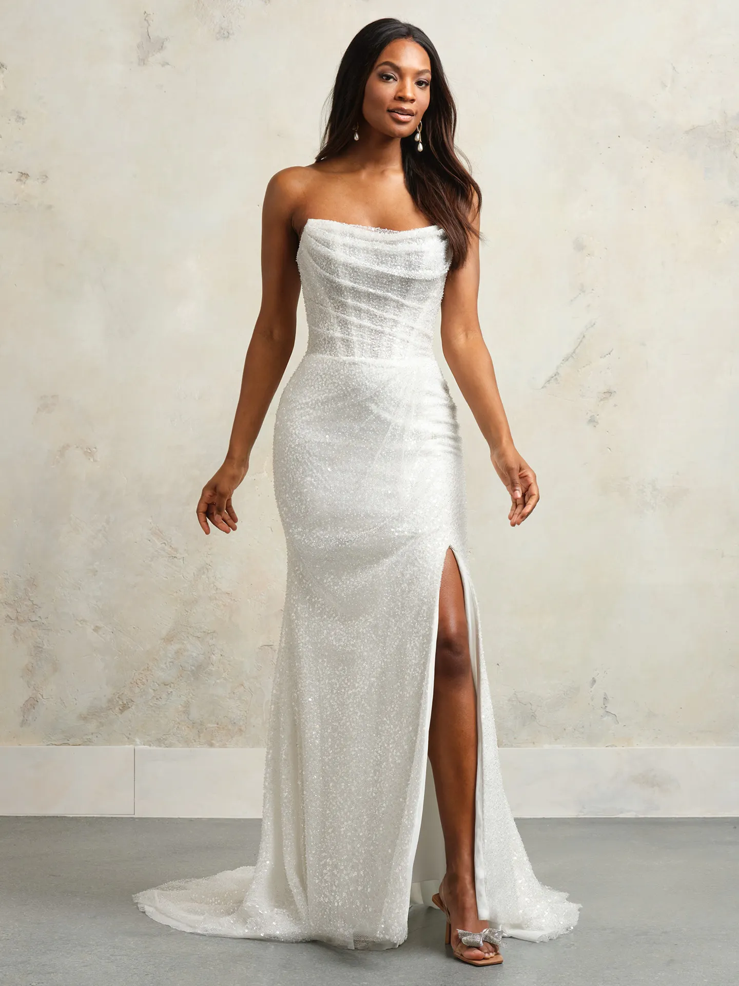 Ashley beaded mermaid gown front view, strapless with slit, sparkly fabric
