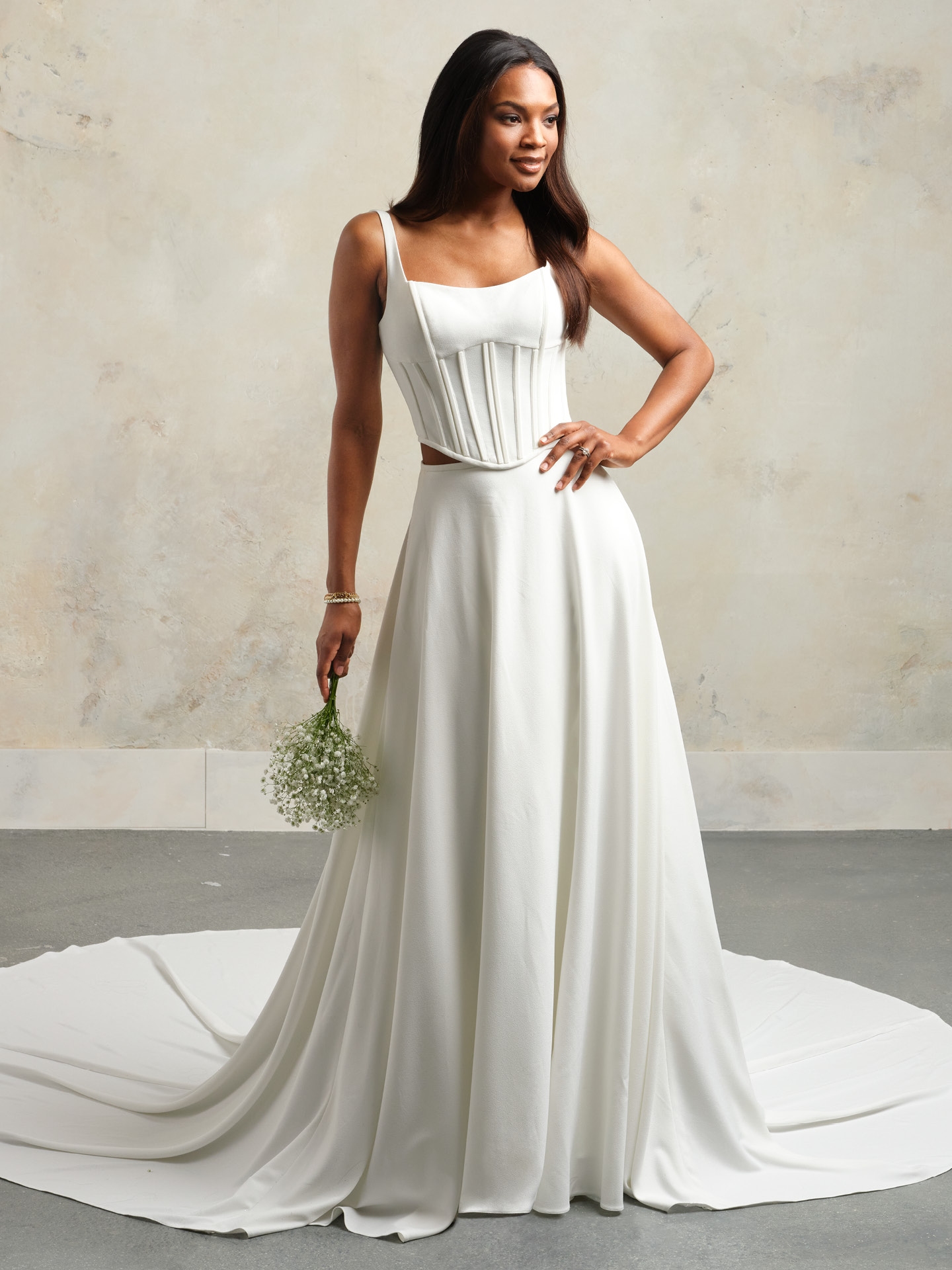 Fitted crepe wedding dress best sale