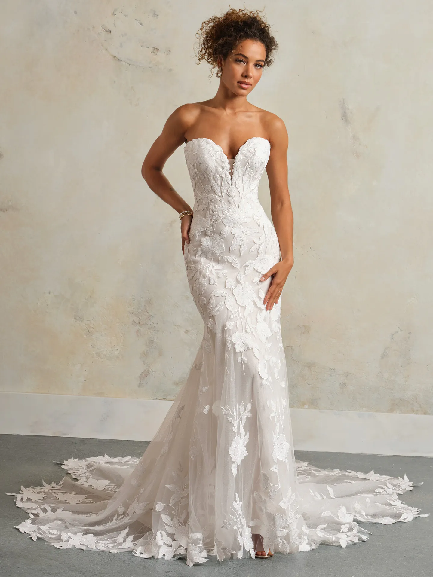 Maggie Sottero Bridget floral lace wedding dress front view.