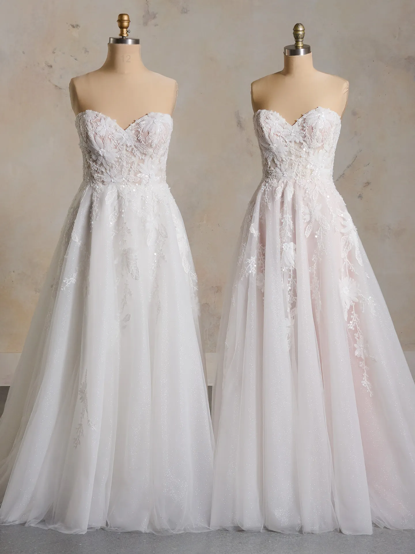 Maggie Sottero Caroline sequin lace illusion bridal gown on display, front view.