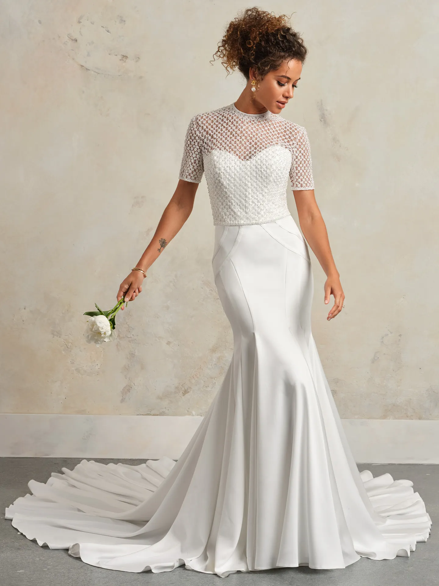 Maggie Sottero gown front view with beaded illusion short sleeve jacket