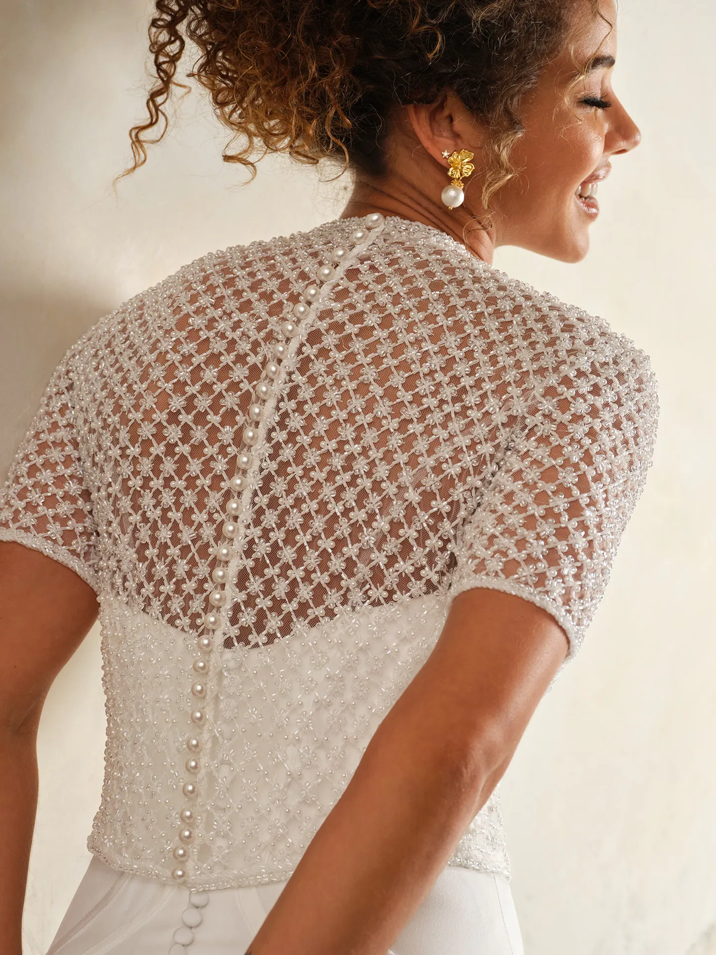 Gatsby beaded illusion short sleeve jacket back view Maggie Sottero