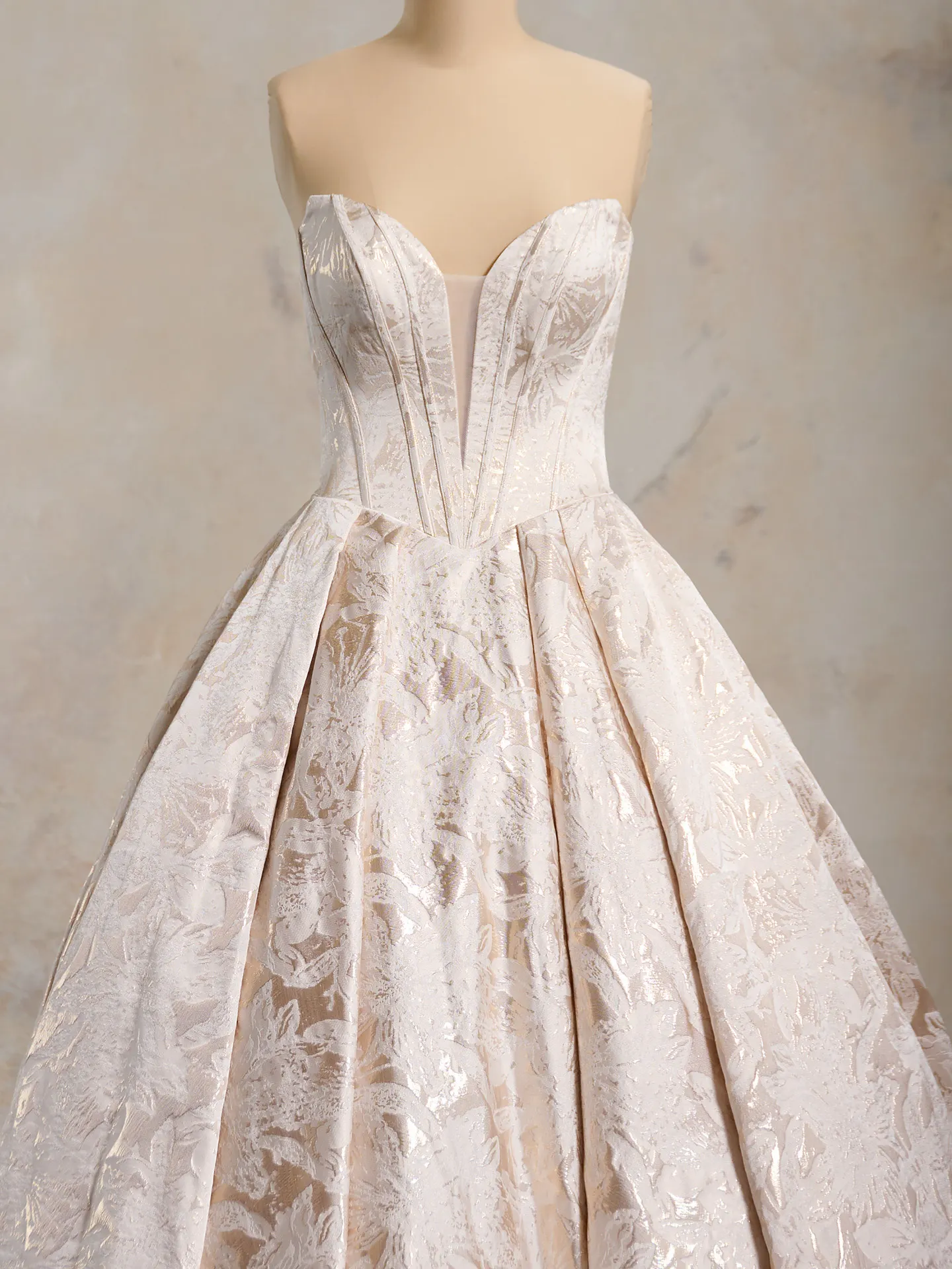 Derrick Marie ball gown front view with floral pattern