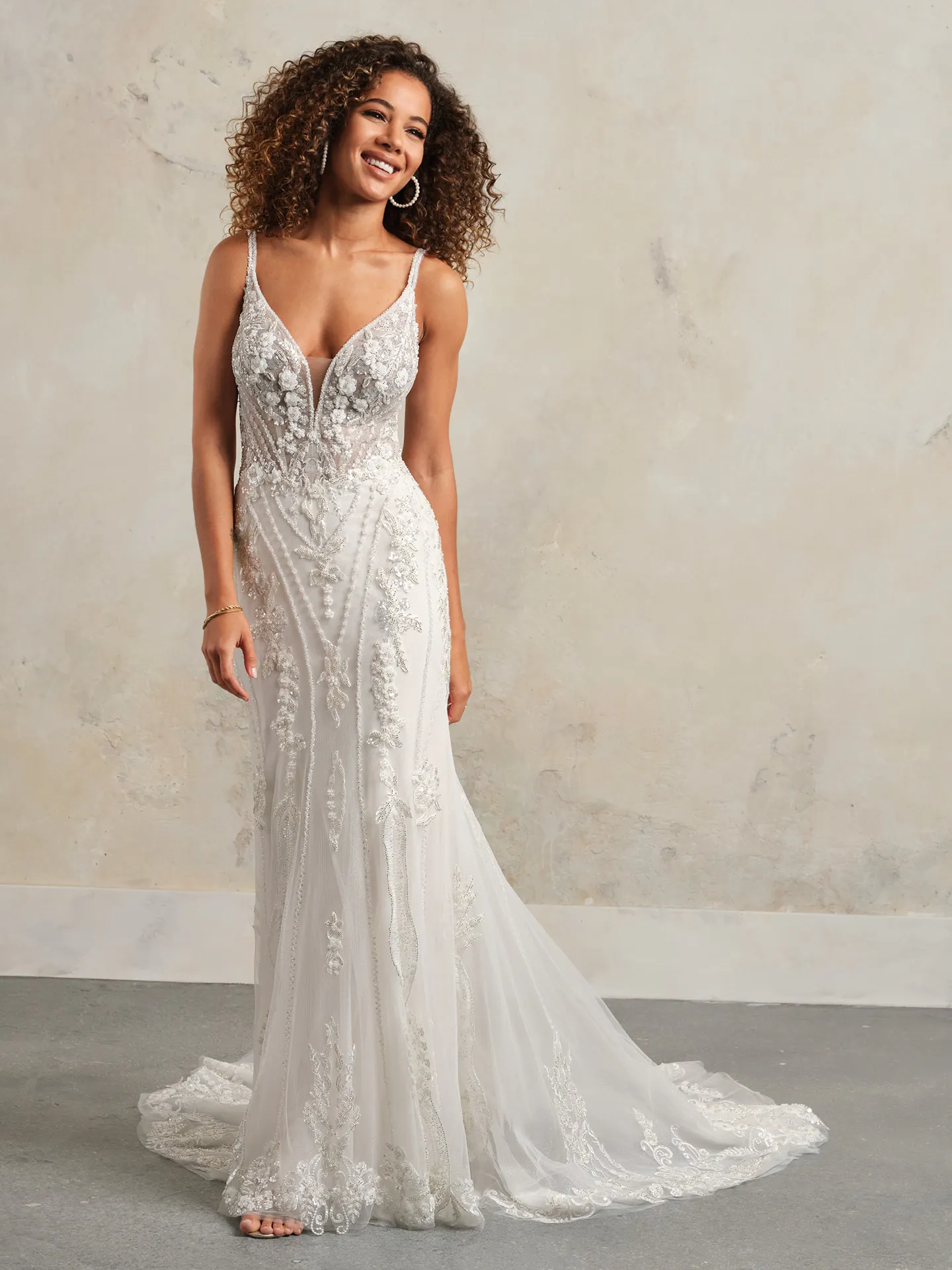 Maggie Sottero Edie glittering deep-V gown front view