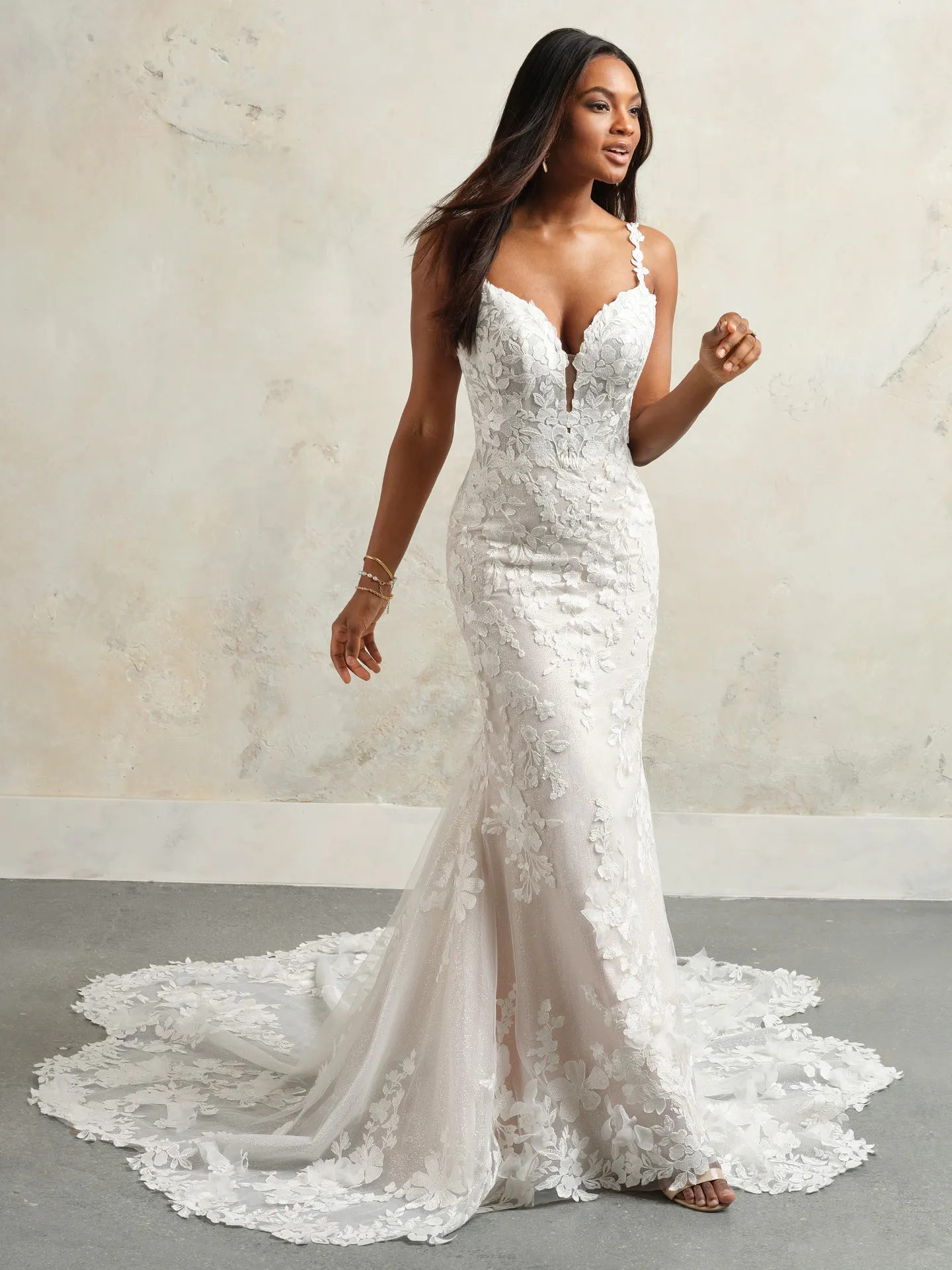 Rebecca Ingram Hayden front view lace floral sparkly wedding gown