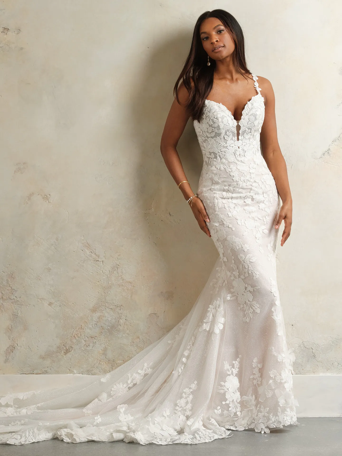 Hayden floral lace wedding gown front view, sparkly details.