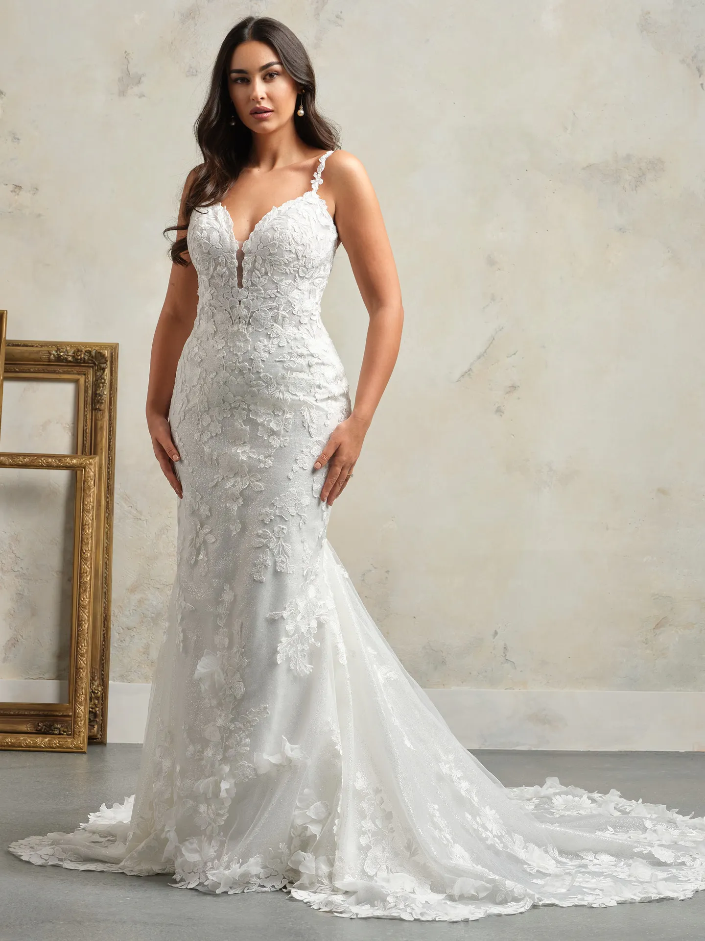 Rebecca Ingram Hayden floral lace wedding gown front view