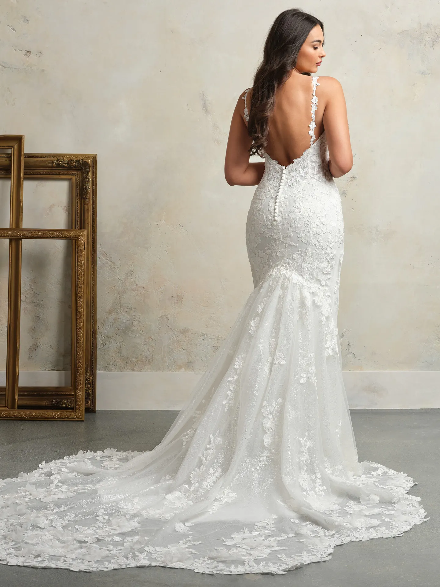 Rebecca Ingram Hayden lace gown back view with floral details and long train