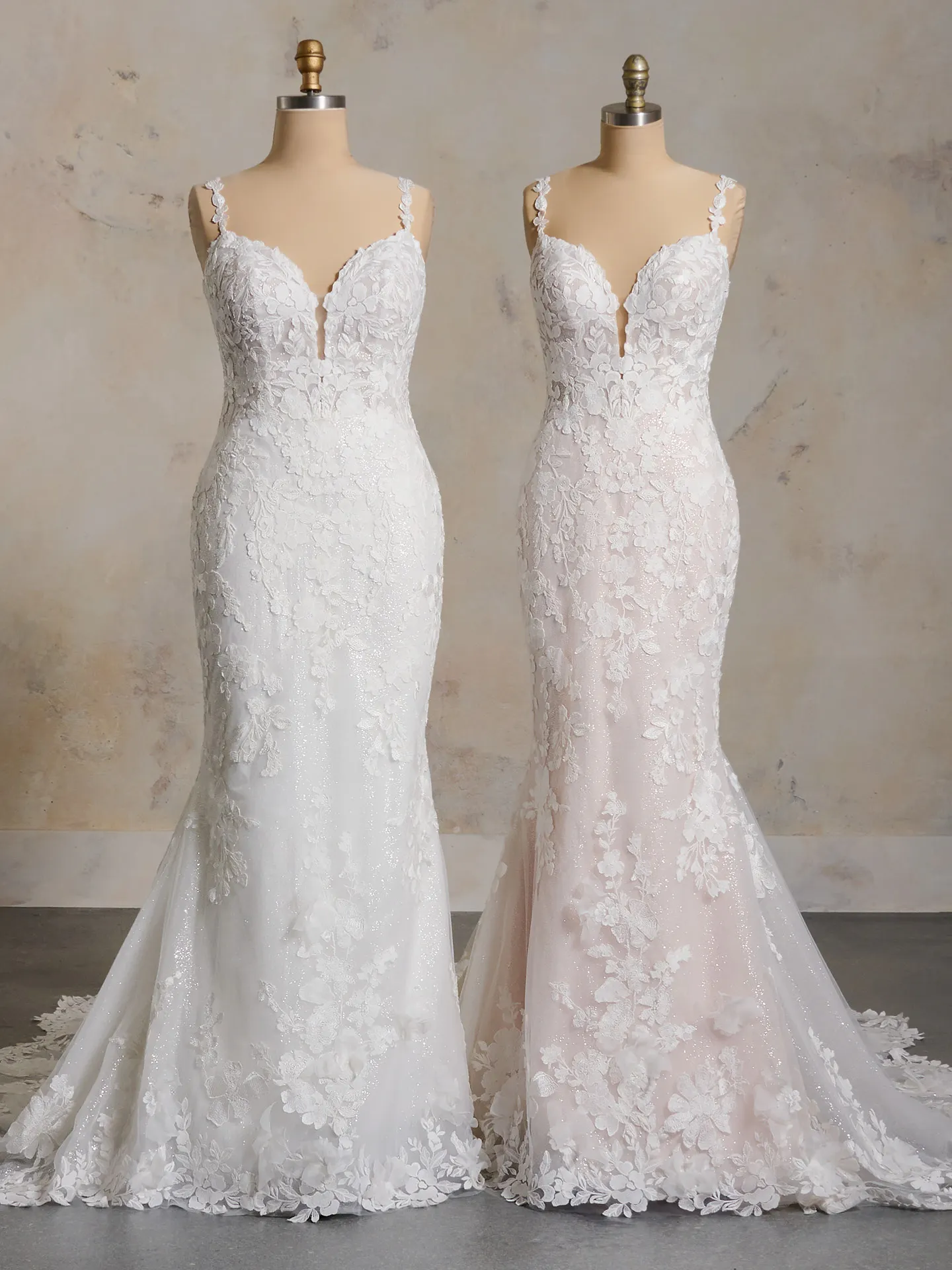 Maggie Sottero Hayden floral lace gown front view on mannequins