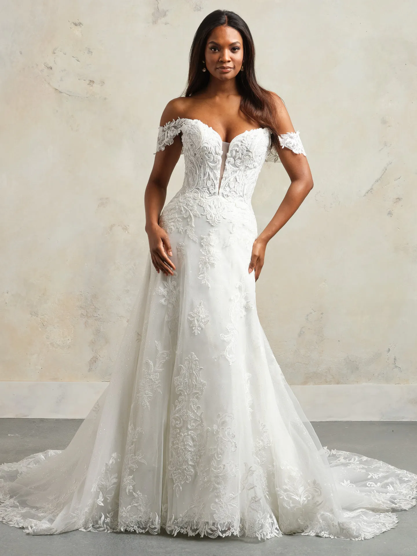 Maggie Sottero Kyler front view off-shoulder beaded lace wedding dress