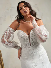 Detachable off-the-shoulder beaded lace balloon sleeves