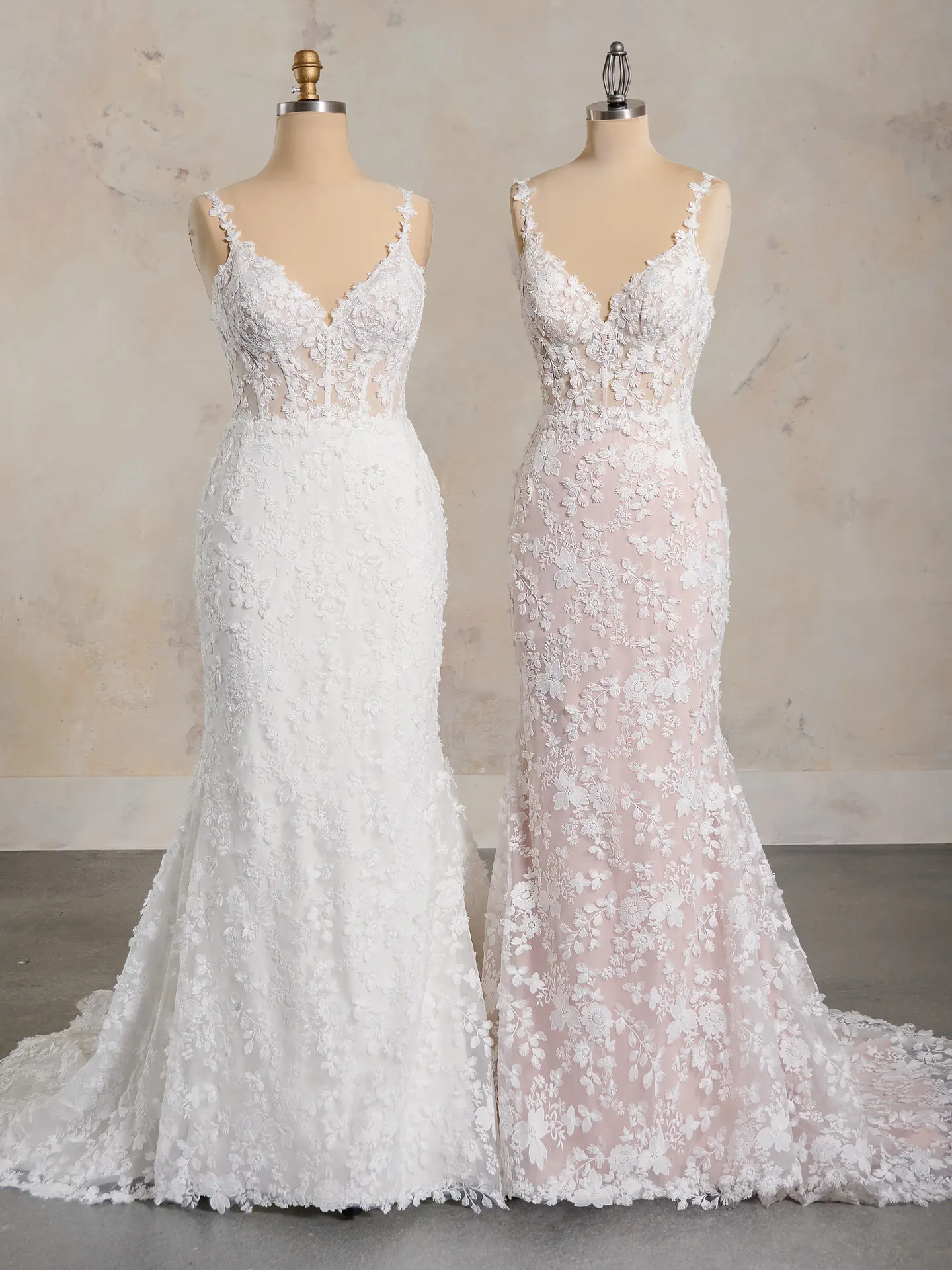 Maggie Sottero Ladonna Lane 3-D floral lace mermaid gowns on mannequins, front view