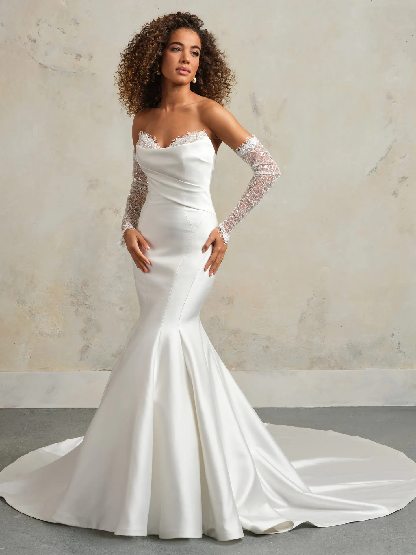 Maggie Sottero Leilani fit-and-flare dress front view with lace sleeves