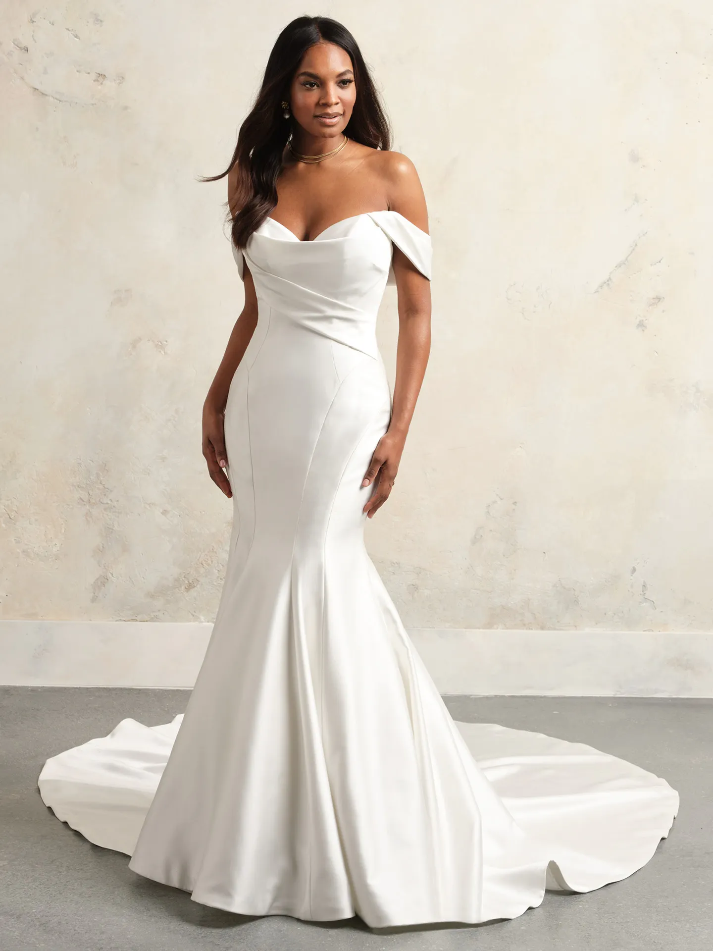 Rebecca Ingram Leilani front view off-shoulder draped bodice wedding gown