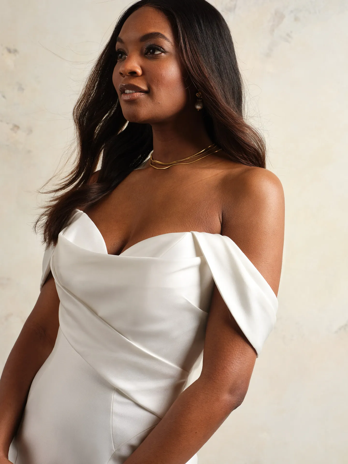 Leilani off-the-shoulder white satin dress, front view