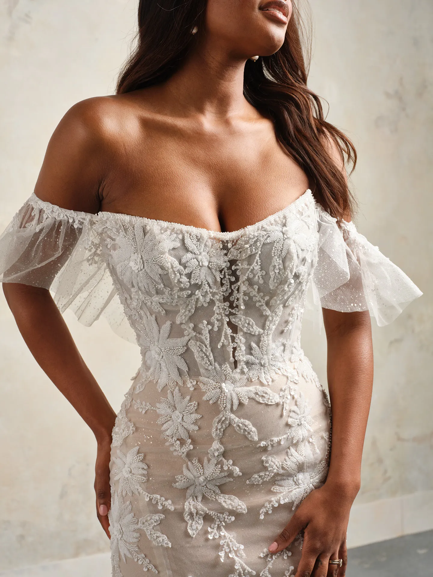 Rebecca Ingram sheer lace off-shoulder dress front view
