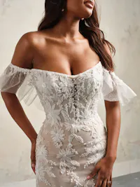 Off-the-shoulder lace and sequin tulle ruffle sleeves