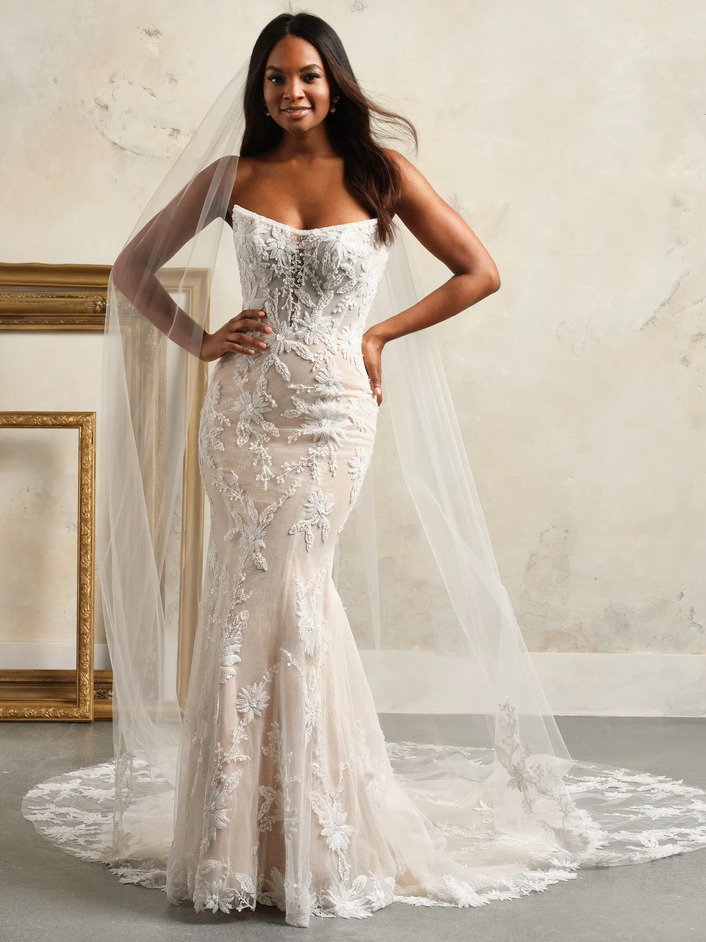 Maggie Sottero strapless lace sheath gown front view