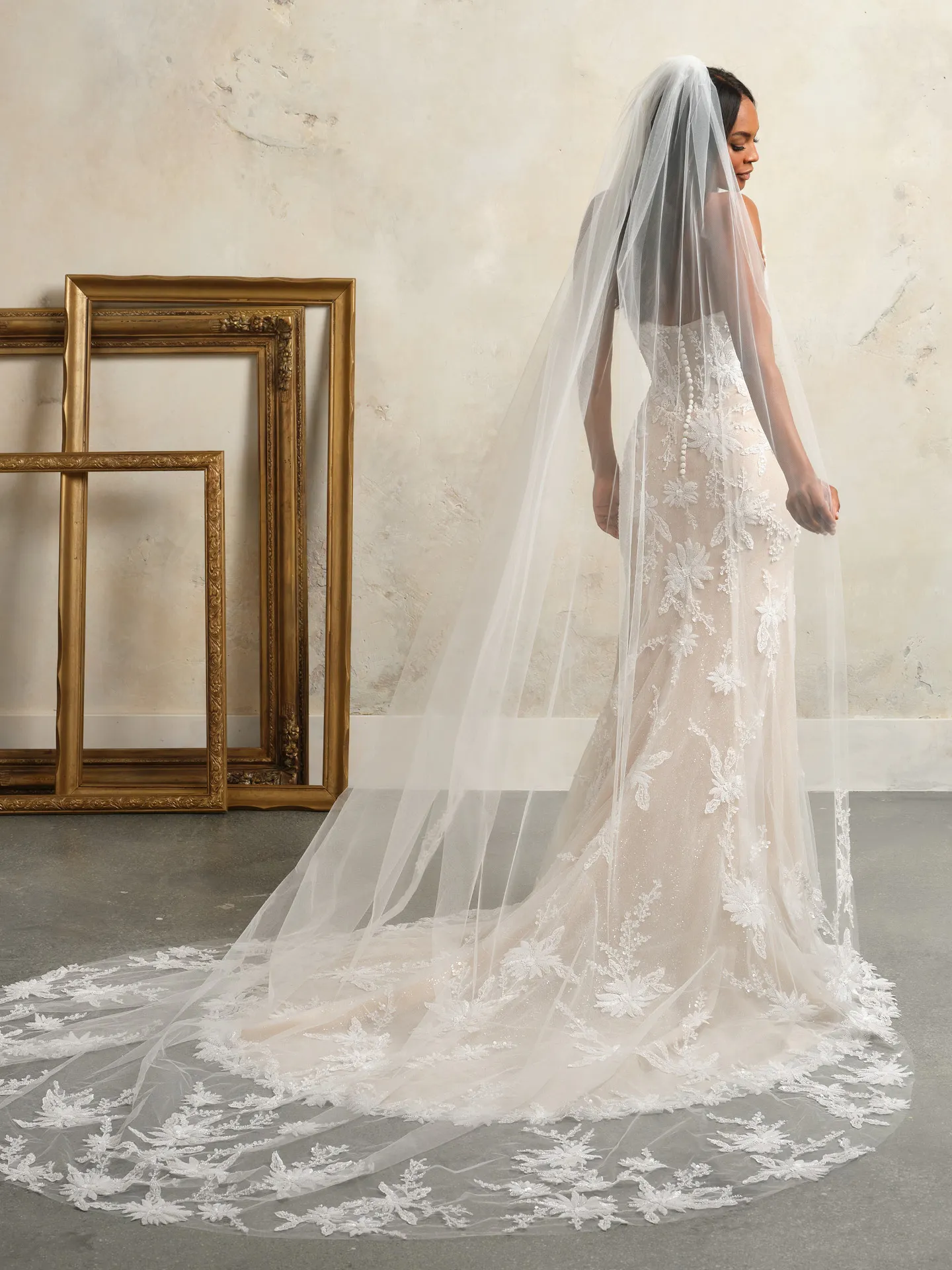 Rebecca Ingram Madrona back view lace wedding dress with sheer veil trailing on floor