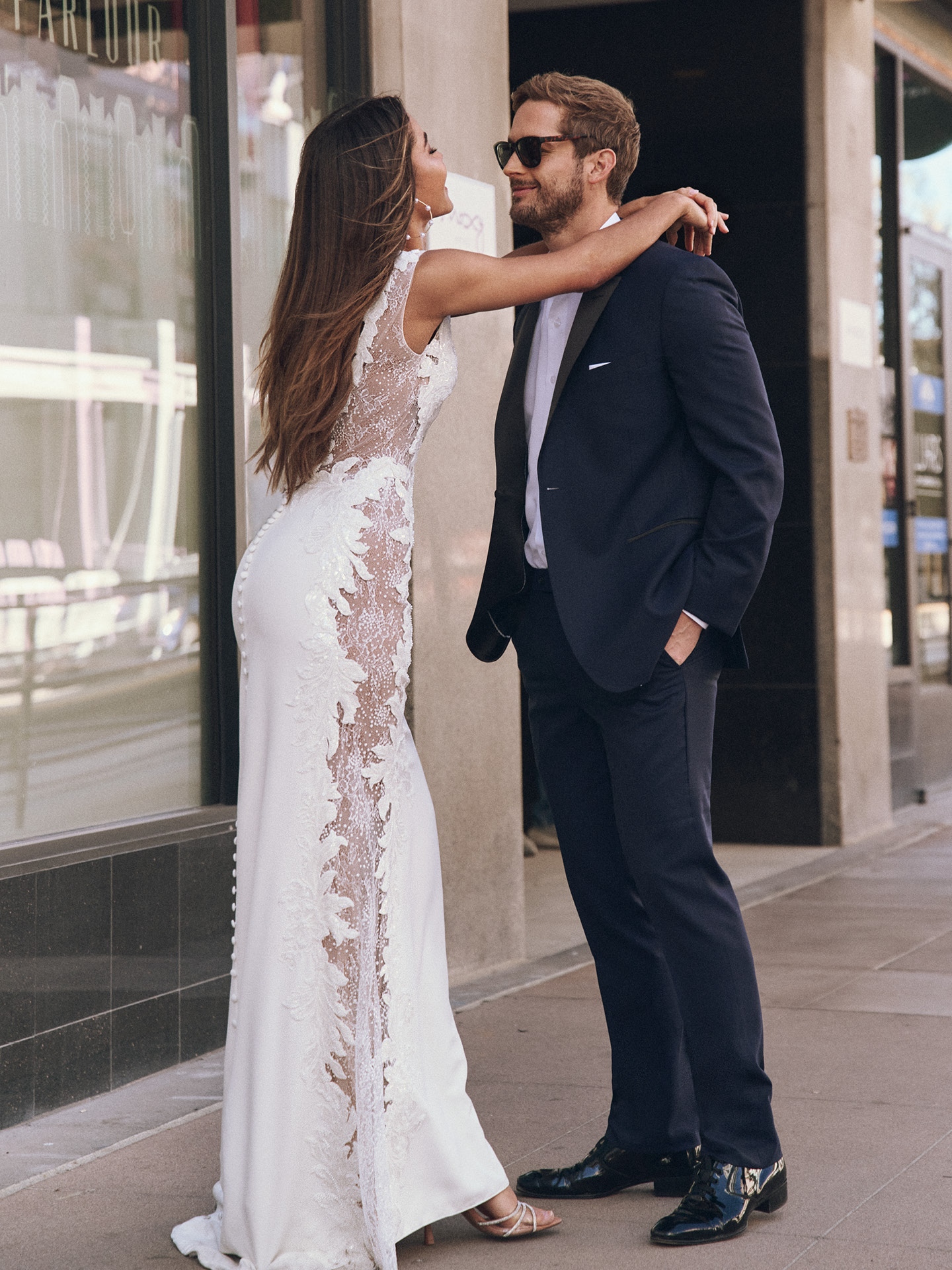 Crepe and lace wedding dress best sale