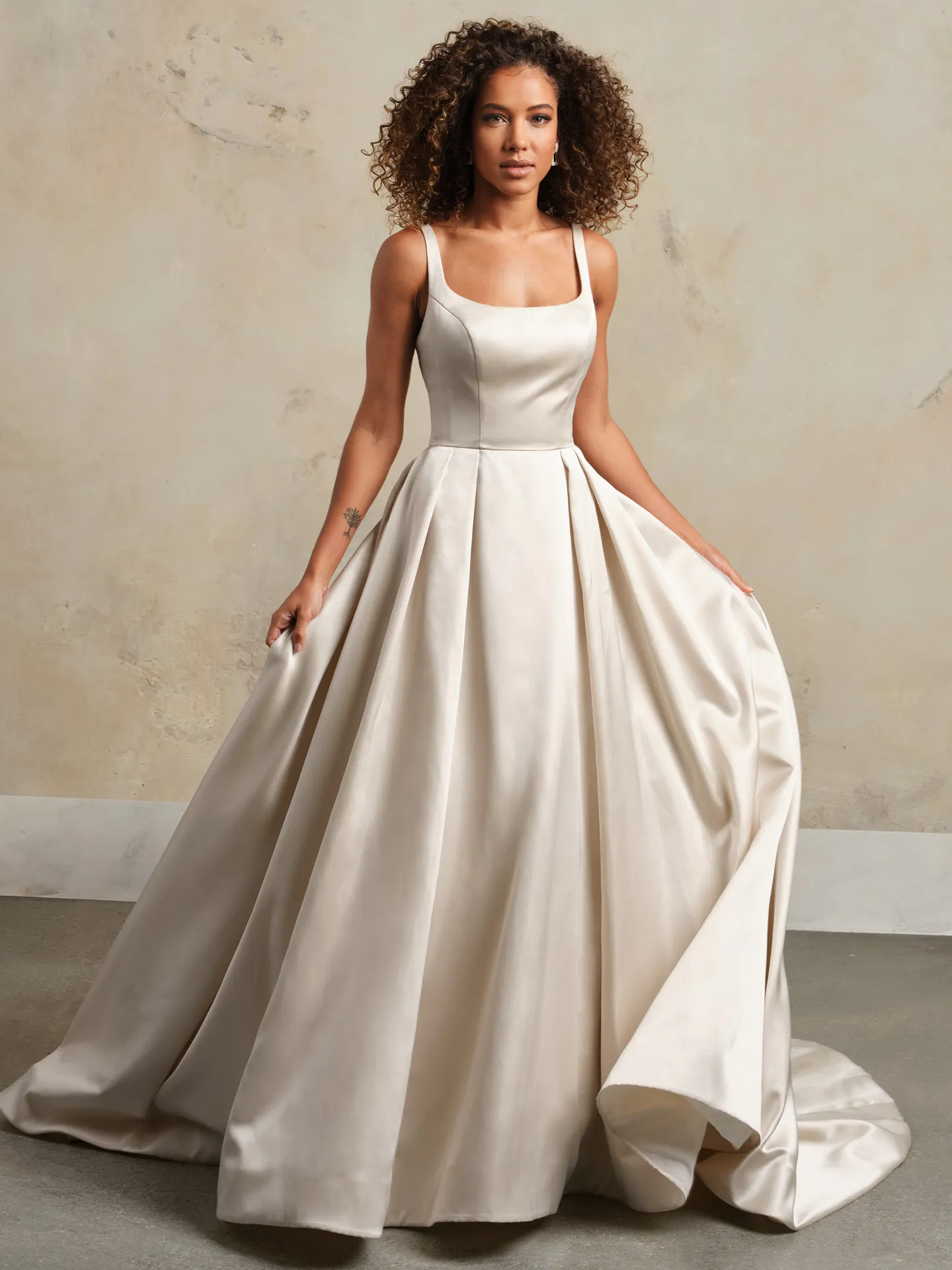 Rebecca Ingram Selena satin gown front view with pockets.