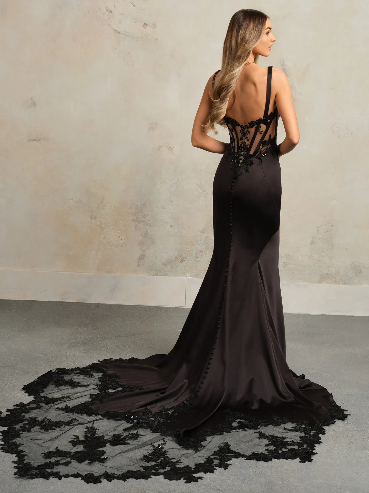 Maggie Sottero Vivica satin mermaid gown back view with lace train