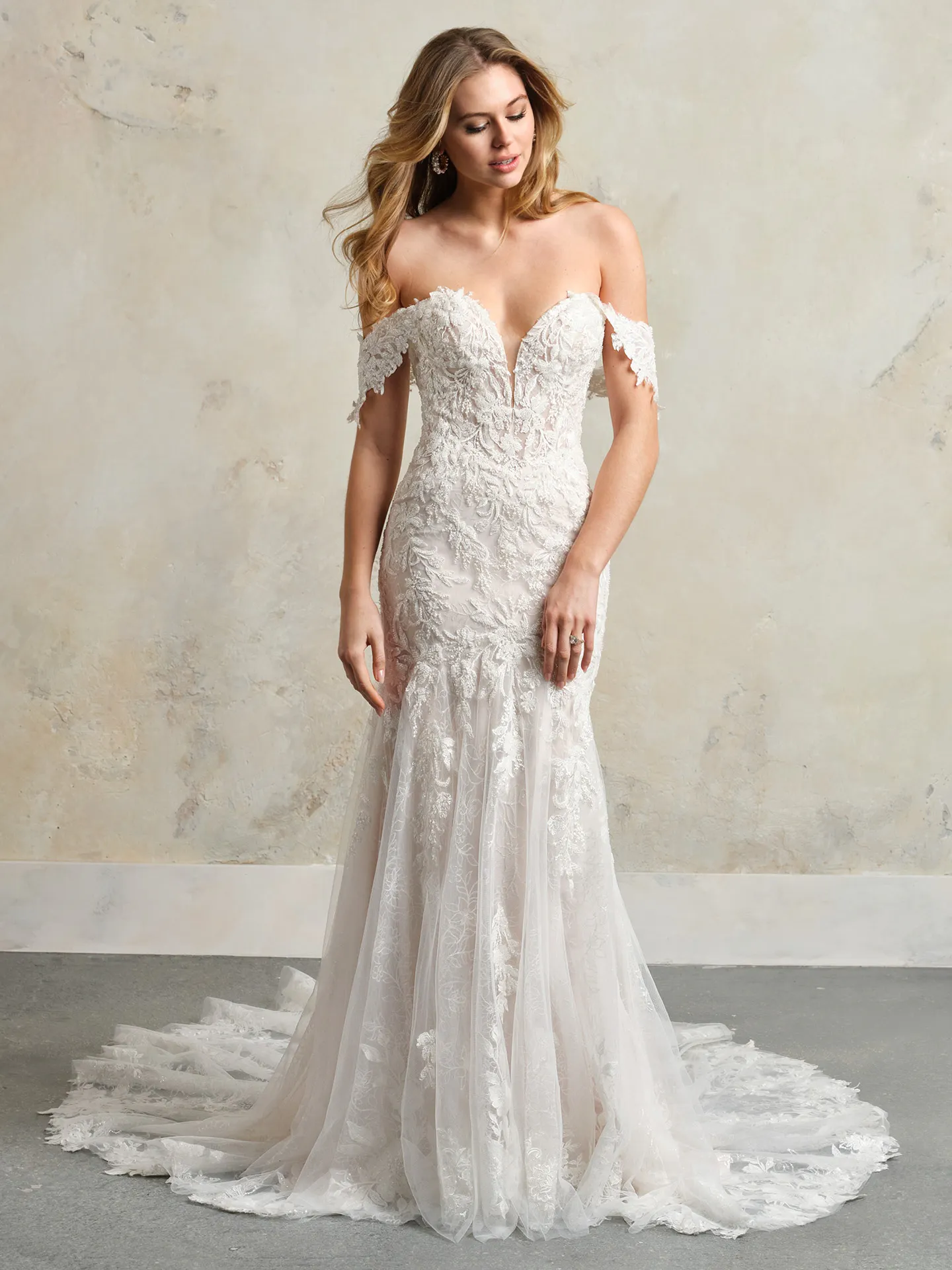 Yolanda front view, off-the-shoulder lace dress with cap sleeves.