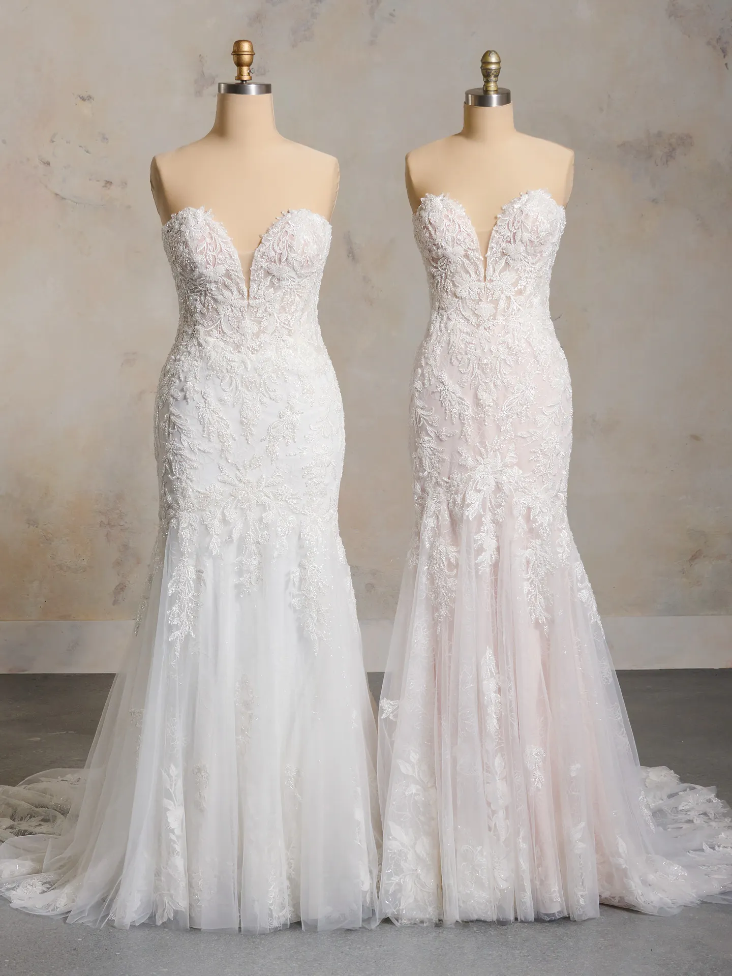 Yolanda detailed lace mermaid wedding dress front view on mannequins | Maggie Sottero