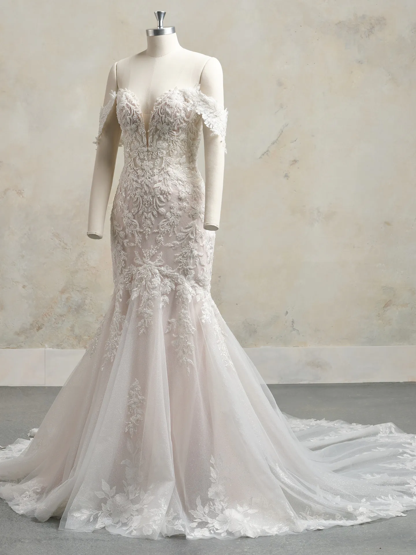 Maggie Sottero Yolanda lace mermaid wedding dress front view on mannequin