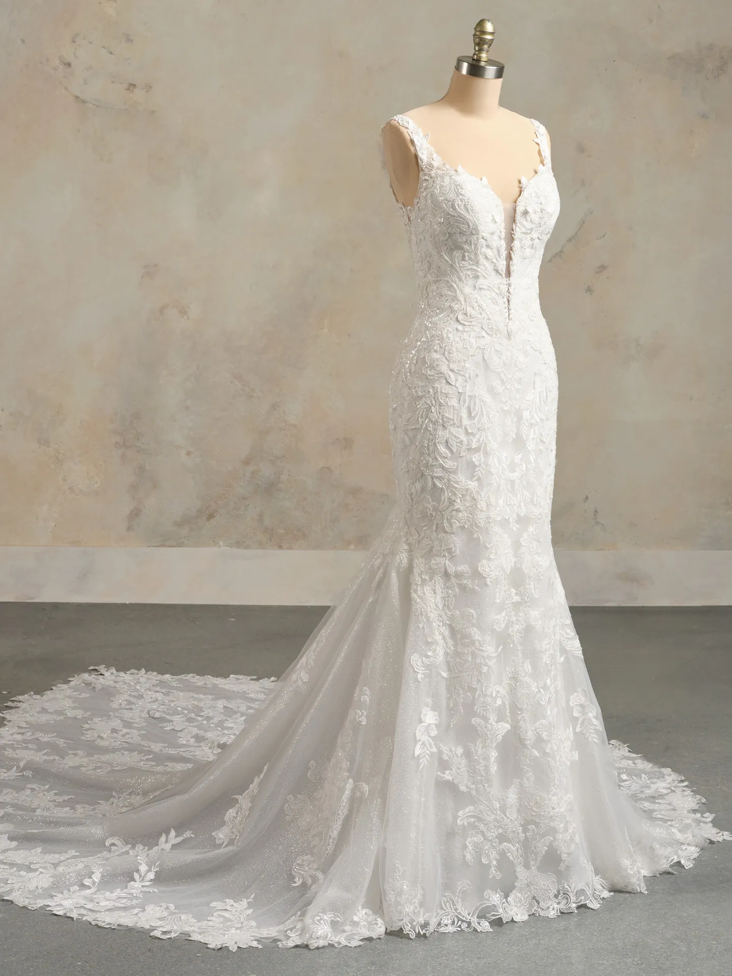 Maggie Sottero mermaid gown, lace tulle, front view.