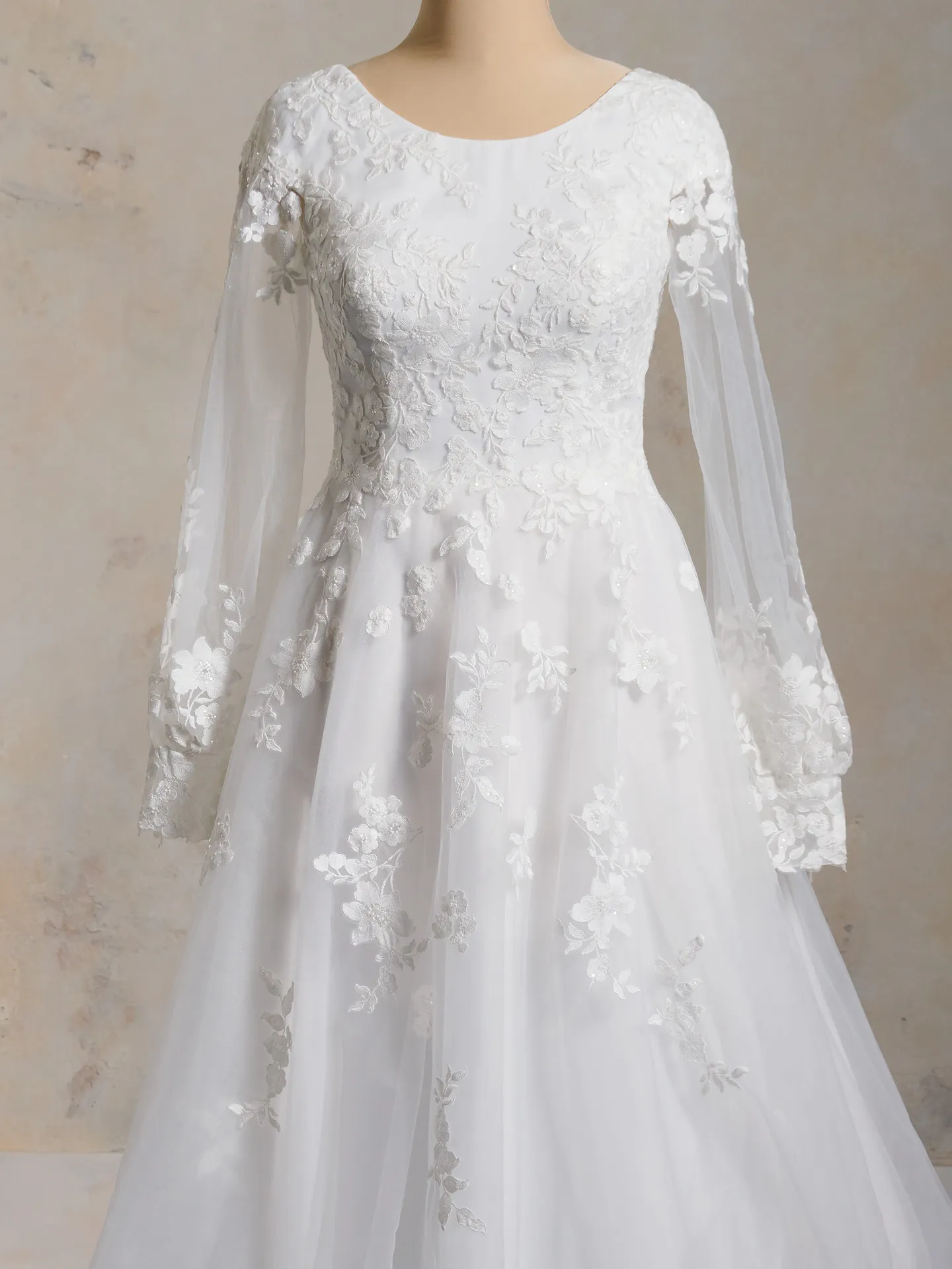 Benicia Leigh floral lace bridal gown front view