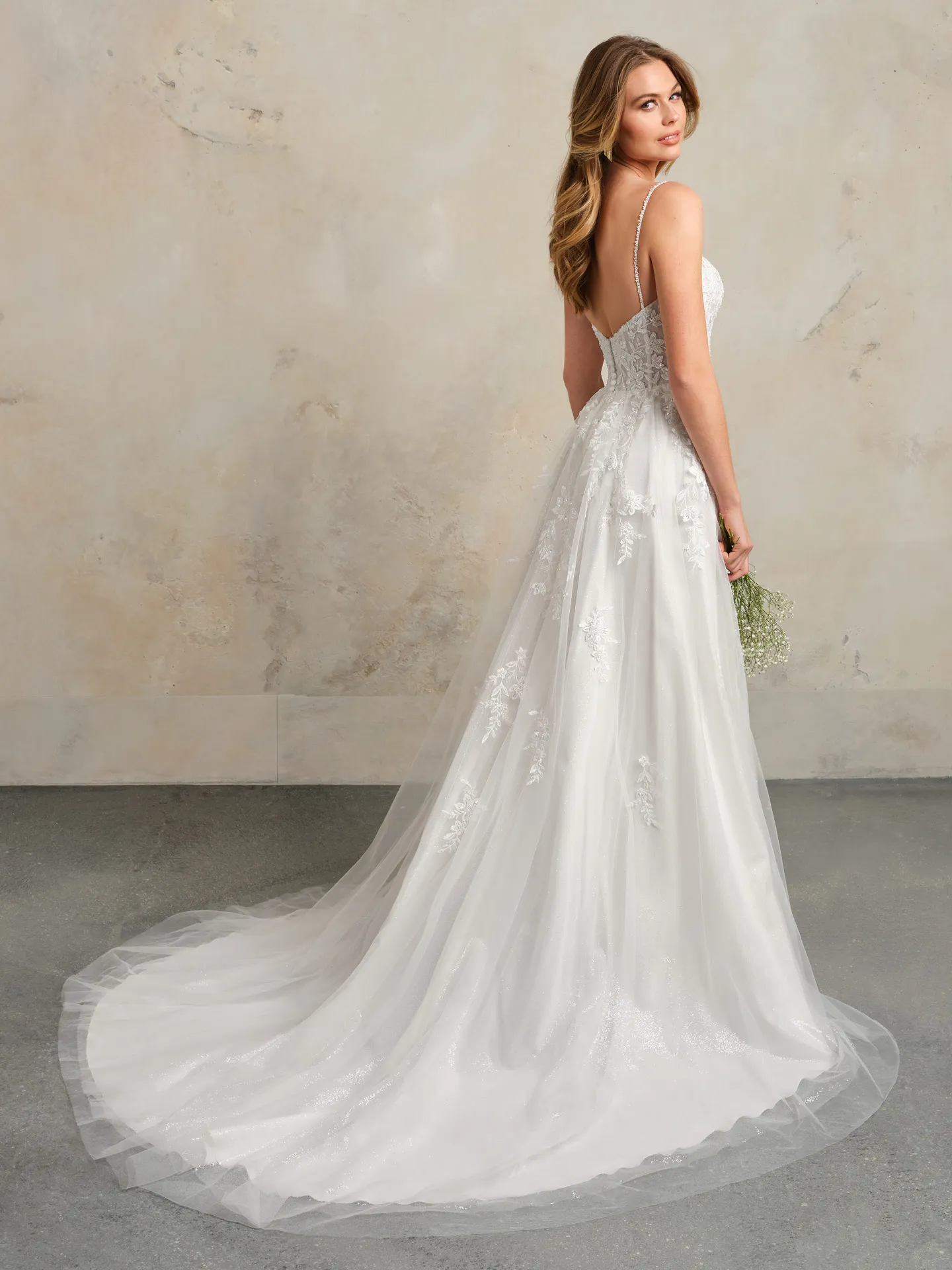 Rebecca Ingram Catherine back view bridal dress with spaghetti straps.