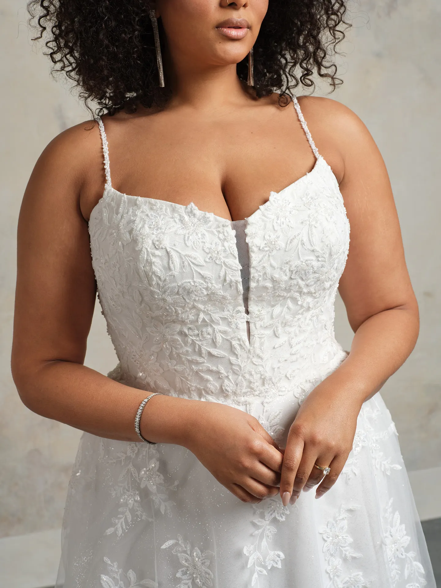 Catherine bridal dress with spaghetti straps embroidered front view