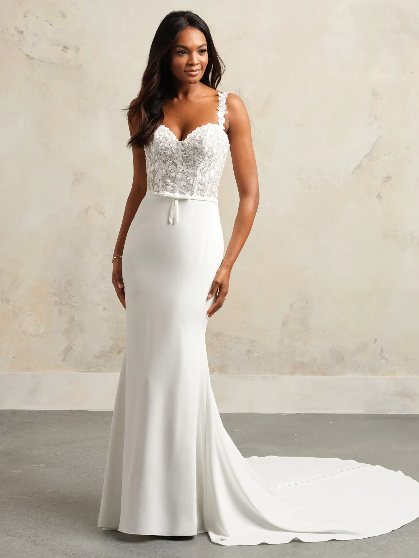 Cecilia gown front view lace bodice with miniature bow details