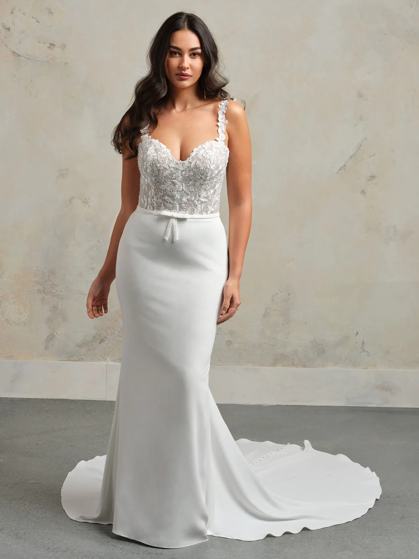 Cecilia Bridal Gown front view with lace bodice and sleek skirt.