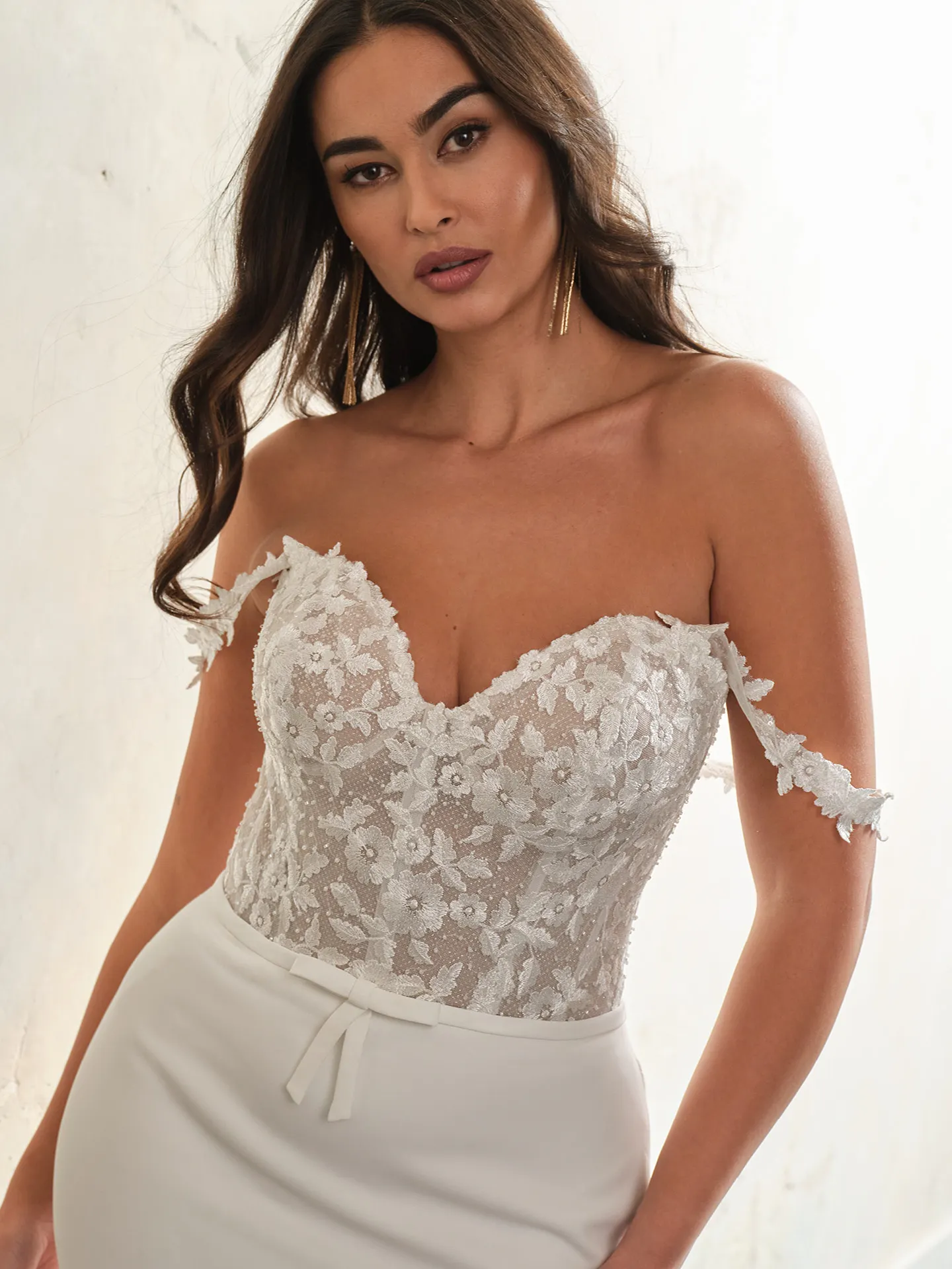 Rebecca Ingram lace strapless gown front view