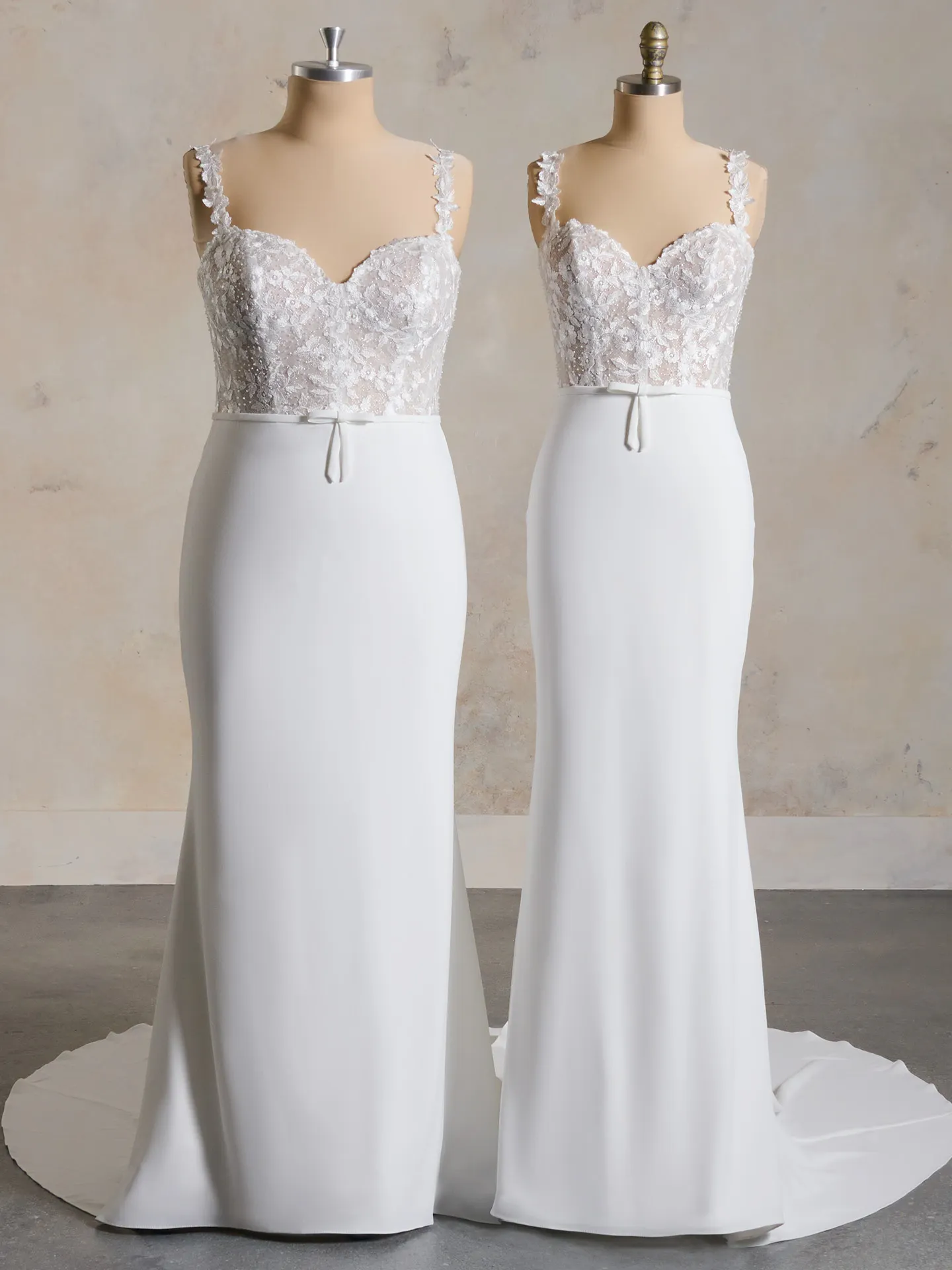Traditional Cecilia Miniature Bow Bridal Gown front view, lace bodice with straps.