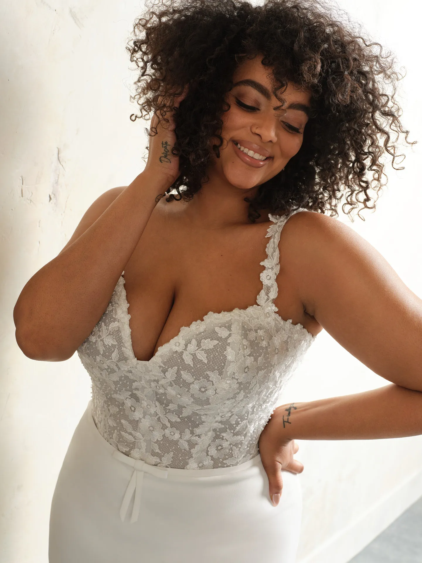 Rebecca Ingram Cecilia front view lace bodice bridal gown.