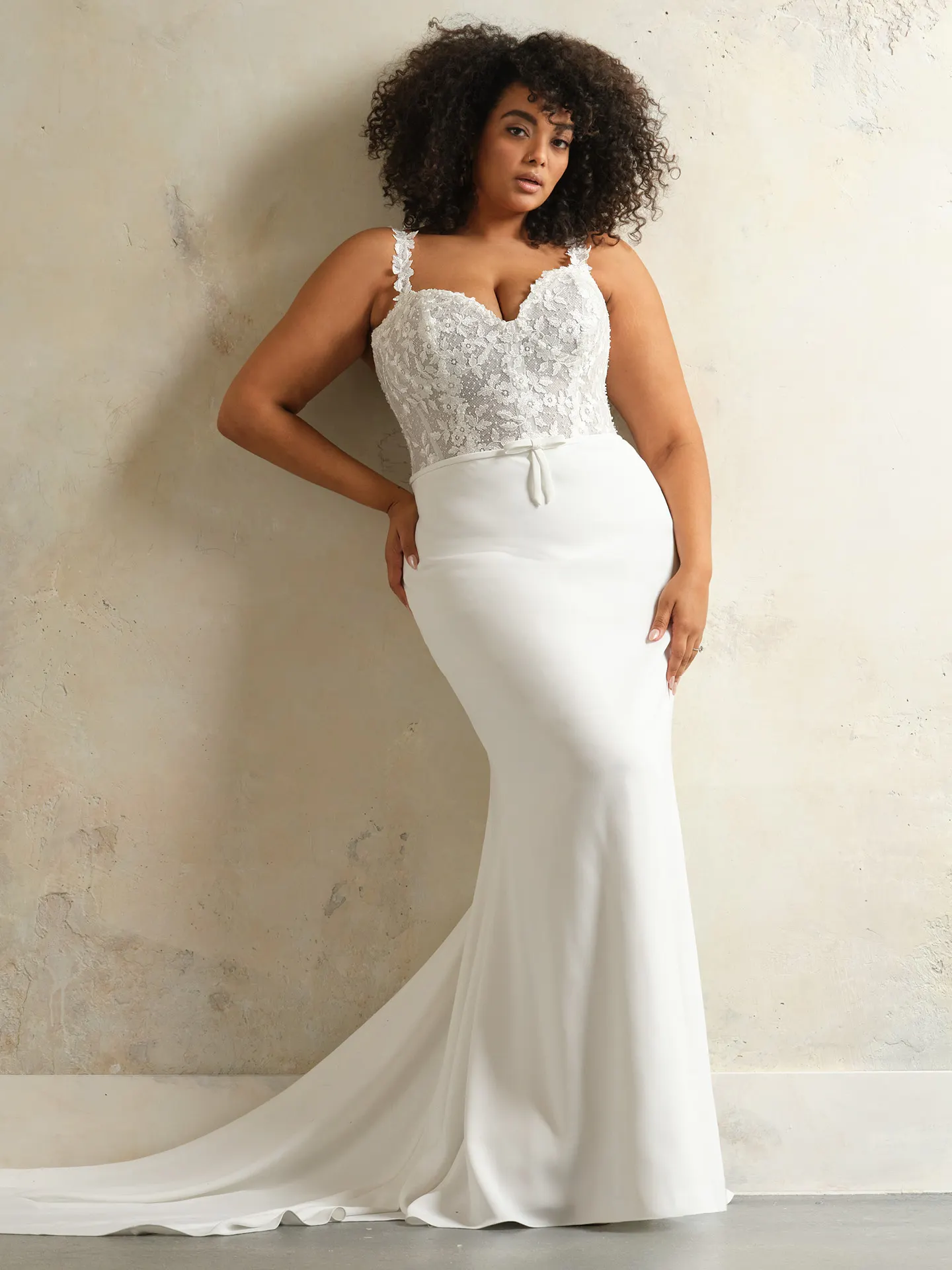 Cecilia gown front view with lace bodice and train by Rebecca Ingram.