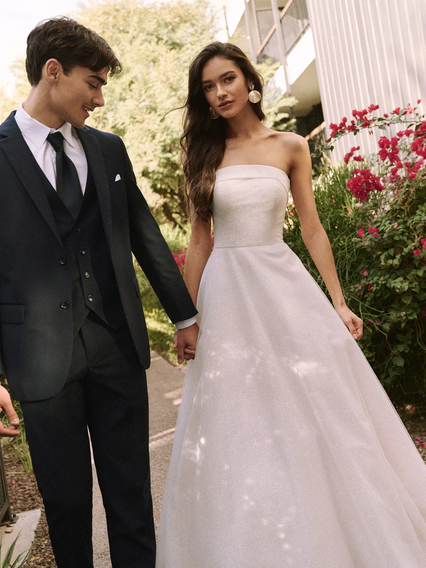 Elizabeth strapless A-Line wedding dress in garden setting front view