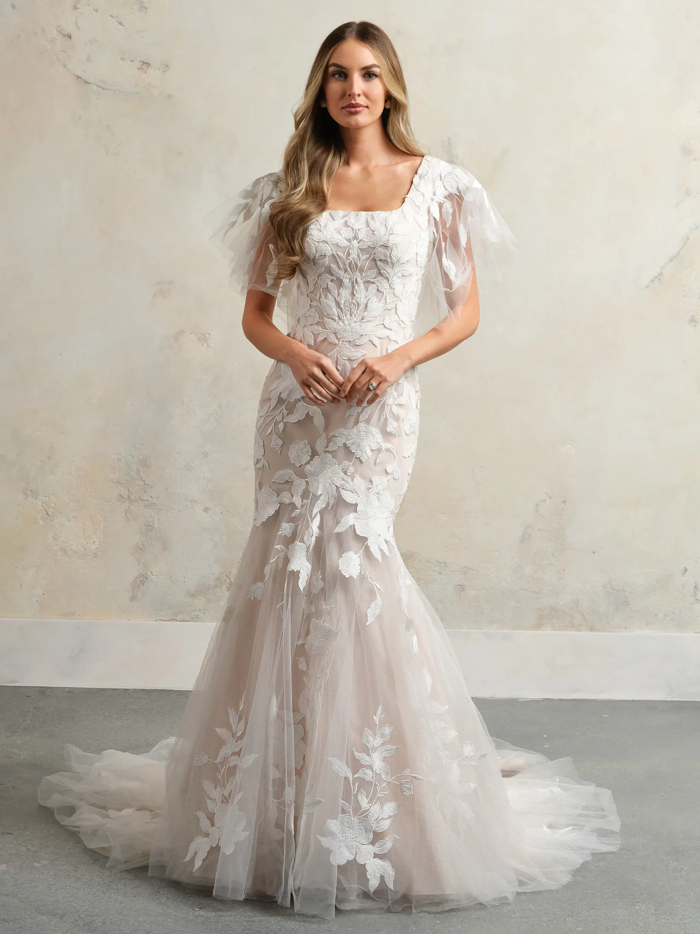 Rebecca Ingram Hattie front view illusion flutter sleeves unembellished lace