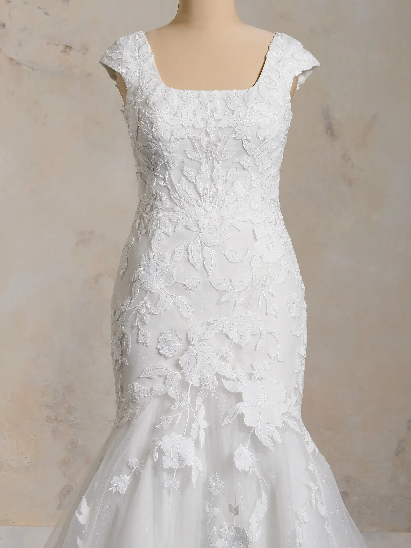 Hattie Leigh front view, white floral lace gown with square neckline, modest style